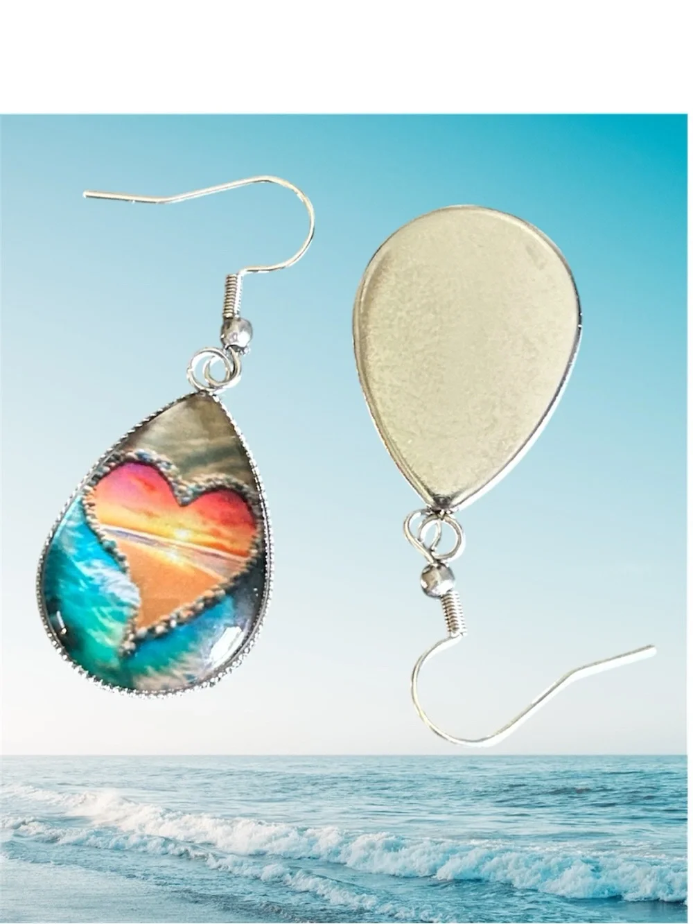 Summer Heart Beach Ocean Design Silver Necklace and Teardrop Dangle Earrings New
